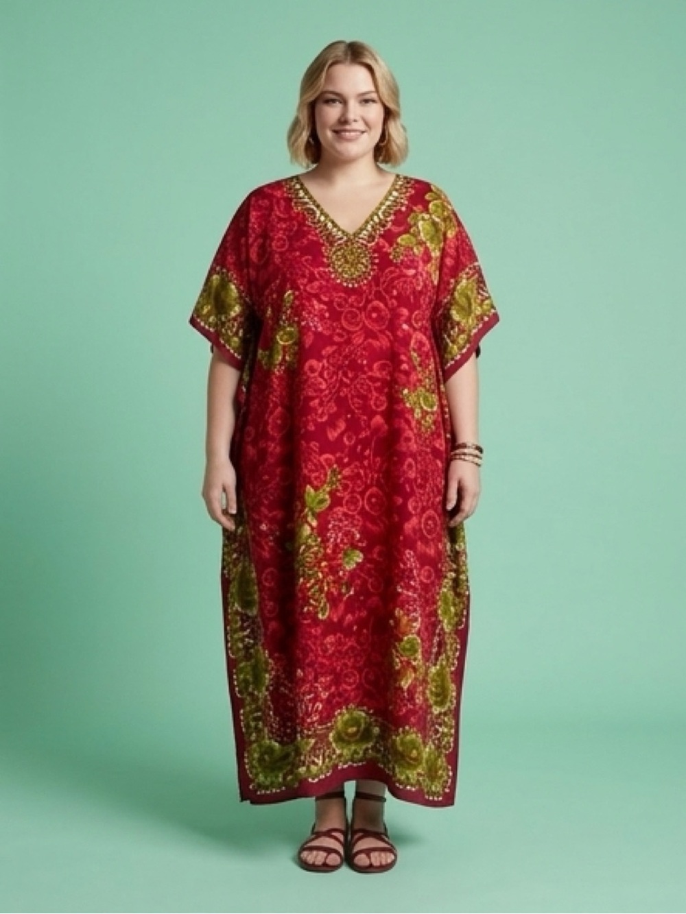 Miss London Red Floral V-Neck Maxi Caftan with Green Accents